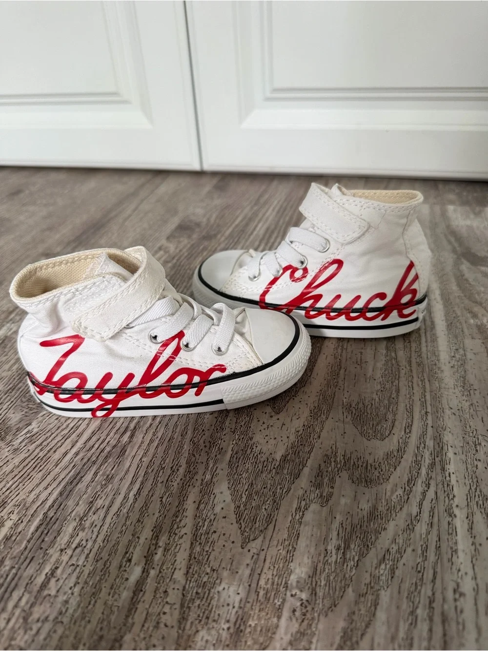 Converse White High-Top Kids Sneakers with Red Script